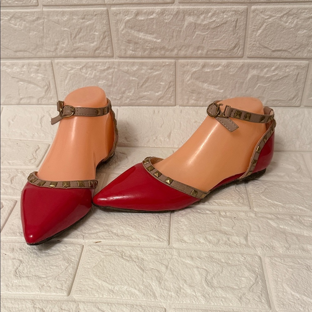 Red Studded Ankle Strap Flats